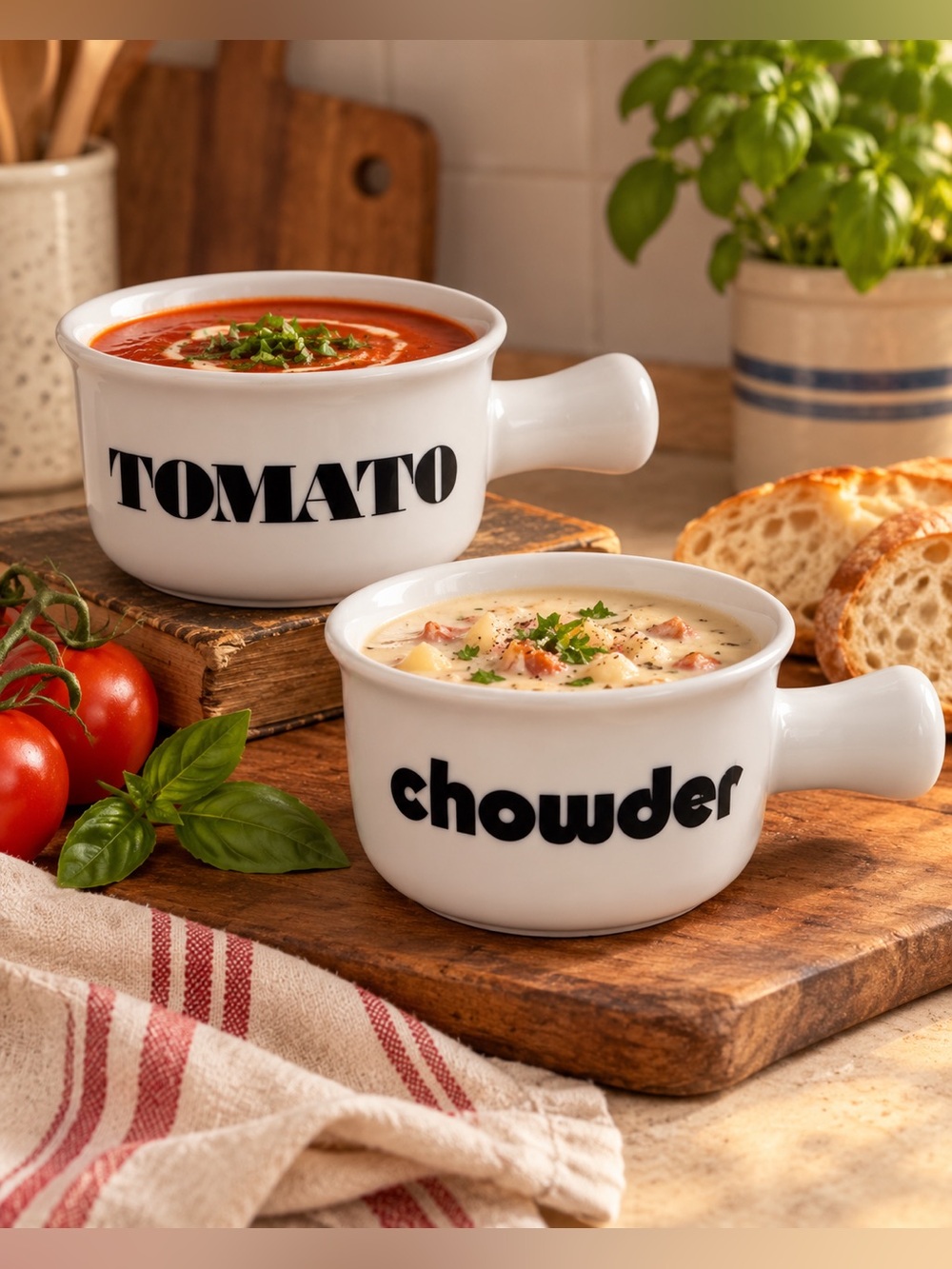 Vintage Tomato & Chowder Ceramic Soup Mugs Handled Bowls Set of 2